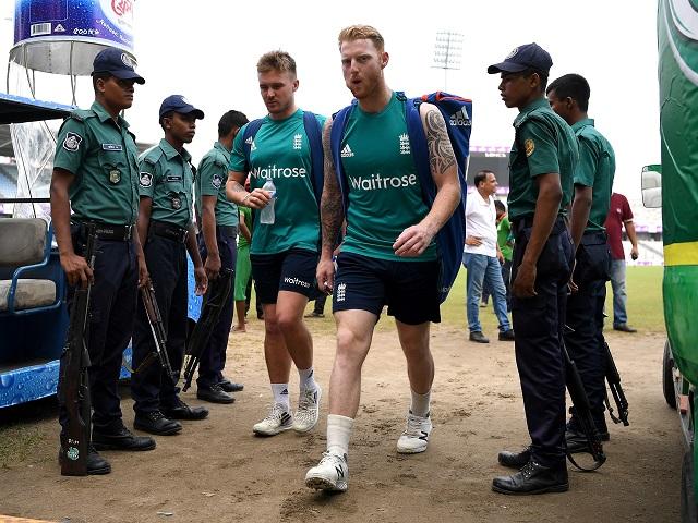 Arrmed Guard - Ben Stokes and Jason Roy arrive for training in Bangladesh